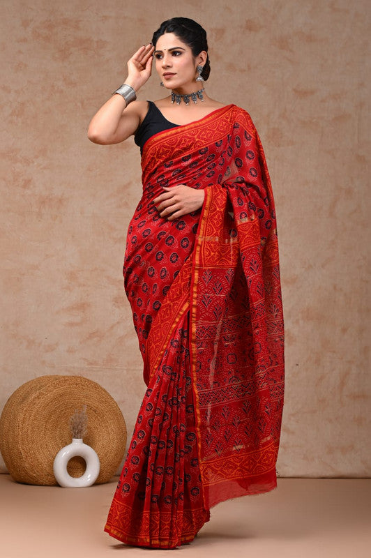 Maroon & Multi Coloured Hand Block Printed Women Designer Party wear Chanderi Cotton Silk Saree with Runnin Blouse!!