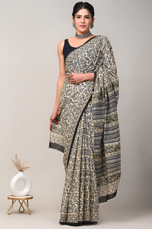 Beige & Multi Coloured Beautiful Hand Block printed Women Daily/Party wear Pure Cotton Saree with Blouse!!