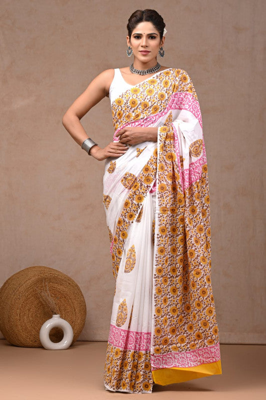 White & Multi Coloured Hand Block Bagru, Dabu & Batik Dye Print Women Designer Party wear Pure Cotton Saree with Runnin Blouse!!