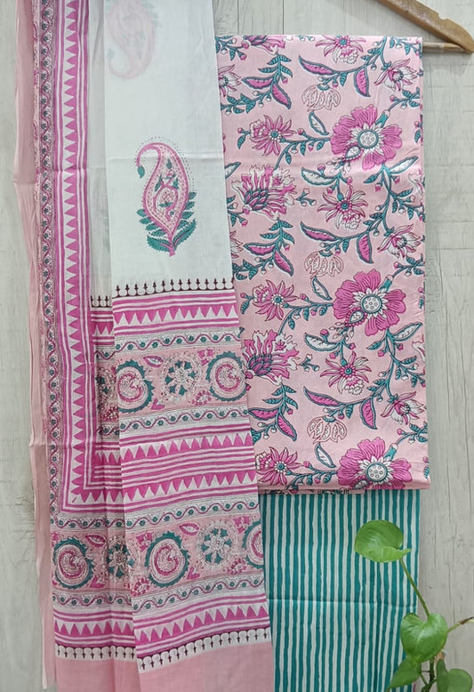 Light Pink & Green Coloured Unstitched Pure Cotton Hand Block Printed Women Party/Daily wear Dress Material Suit- Top with Bottom & Cotton Dupatta!!