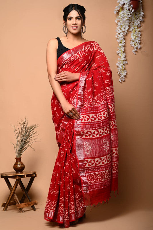 Red & Multi Coloured Exclusive Hand Block printed Women Daily/Party wear Linen Cotton Saree with Blouse!!