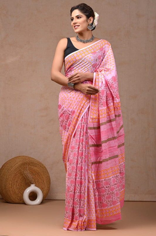 Pink & Multi Coloured Hand Block Bagru, Dabu & Batik Dye Print Women Designer Party wear Pure Cotton Saree with Runnin Blouse!!