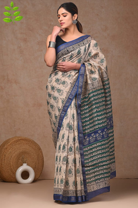 Cream & Multi Coloured Hand Block Printed Women Designer Party wear Maheshwari Cotton Silk Saree with Runnin Blouse!!