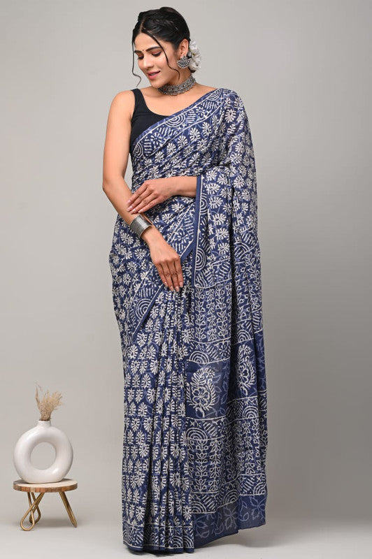 Blue & White Coloured Beautiful Hand Block printed Women Daily/Party wear Pure Cotton Saree with Blouse!!