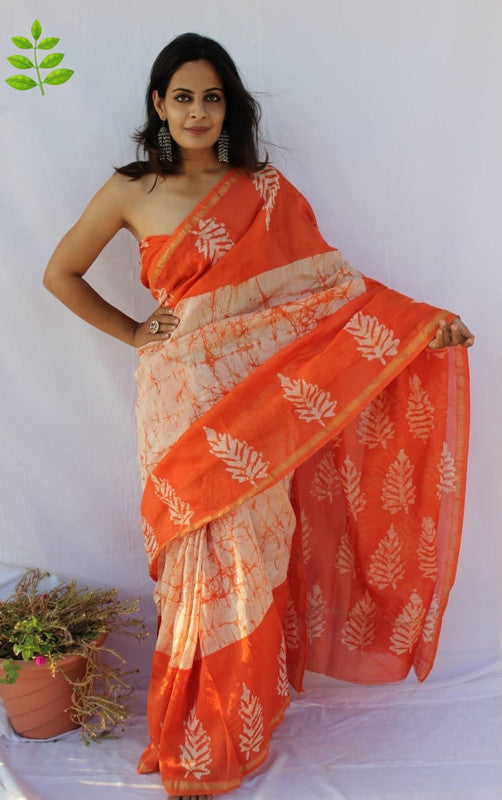 Orange & Off White Coloured Hand Block Printed Women Designer Party wear Chanderi Cotton Silk Saree with Runnin Blouse!!