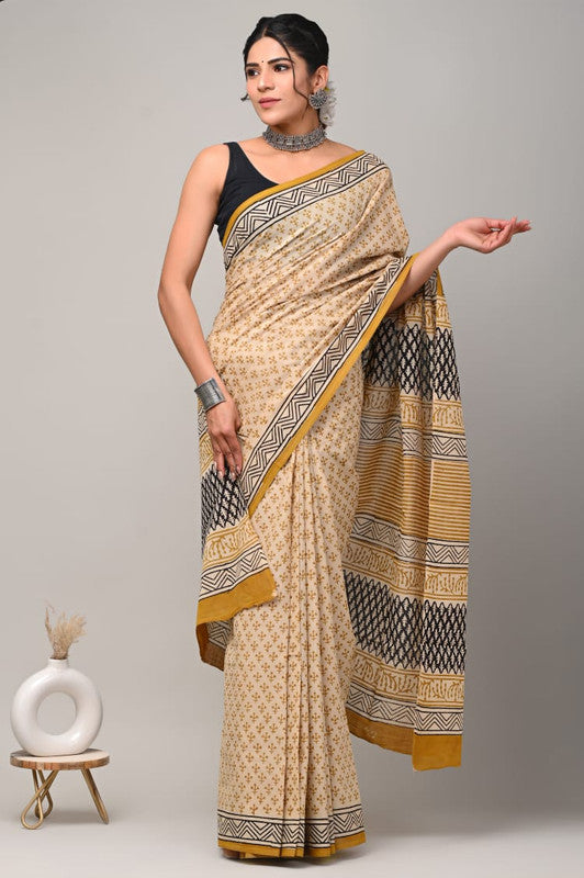 Light Yellow & Black Coloured Beautiful Hand Block printed Women Daily/Party wear Pure Cotton Saree with Blouse!!