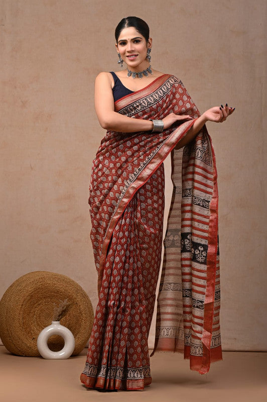 Red & Multi Coloured Hand Block Printed Women Designer Party wear Maheshwari Cotton Silk Saree with Runnin Blouse!!