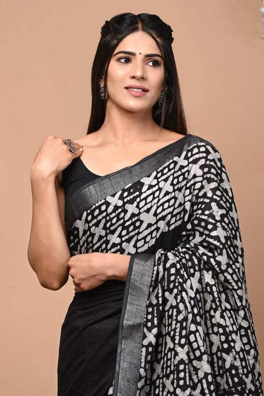 Latest Attractive Beautiful Designer Hand Block Print Linen Saree