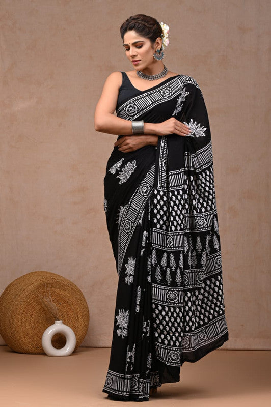 Black & White Coloured Hand Block Bagru, Dabu & Batik Dye Print Women Designer Party wear Pure Cotton Saree with Runnin Blouse!!