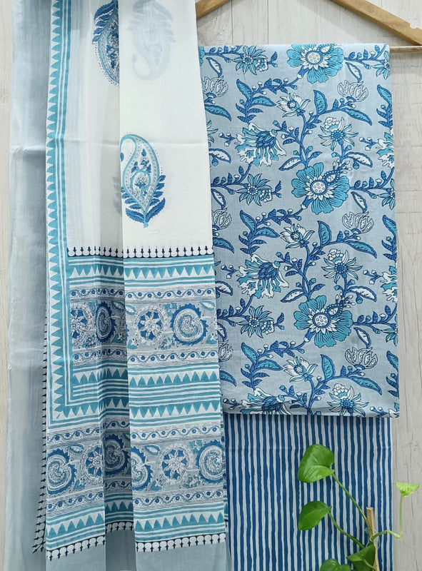 Sky Blue & White Coloured Unstitched Pure Cotton Hand Block Printed Women Party/Daily wear Dress Material Suit- Top with Bottom & Cotton Dupatta!!