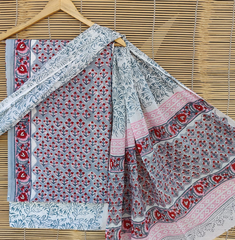 Red & Light Blue Coloured Unstitched Pure Cotton Hand Block Printed Women Party/Daily wear Dress Material Suit- Top with Bottom & Cotton Dupatta!!