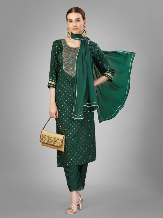 Dark Green Coloured With Embroidery & Sequence Work Women Designer Party/Casual wear Silk Blend Kurti with Pant & Dupatta!!