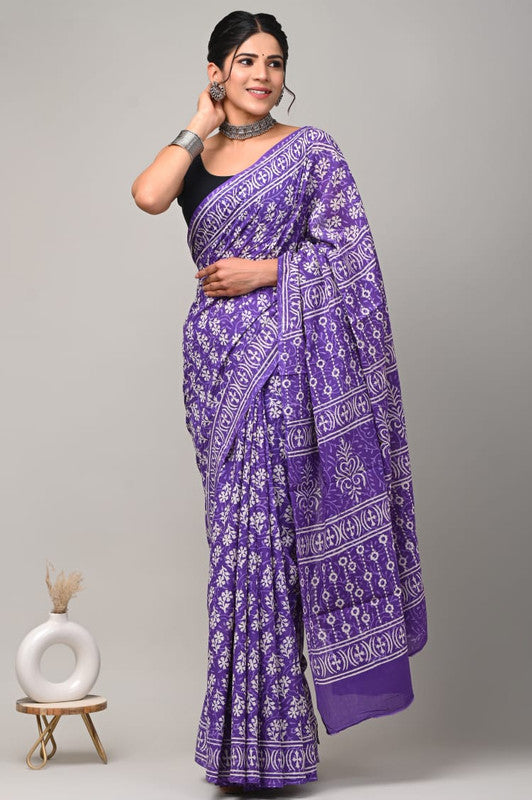 Purple & White Coloured Beautiful Hand Block printed Women Daily/Party wear Pure Cotton Saree with Blouse!!