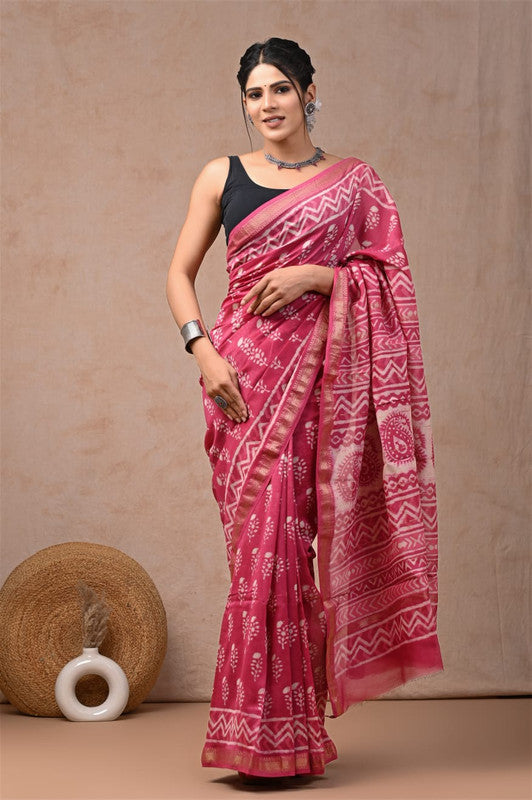 Pink & White Coloured Hand Block Printed Women Designer Party wear Maheshwari Cotton Silk Saree with Runnin Blouse!!