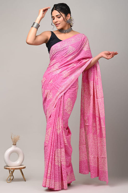 Pink & Off White Coloured Beautiful Hand Block printed Women Daily/Party wear Pure Cotton Saree with Blouse!!