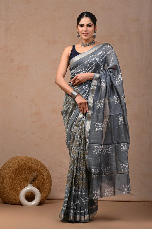 Grey & White Coloured Hand Block Printed Women Designer Party wear Maheshwari Cotton Silk Saree with Runnin Blouse!!