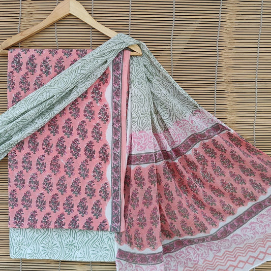 Pink & Light Green Coloured Unstitched Pure Cotton Hand Block Printed Women Party/Daily wear Dress Material Suit- Top with Bottom & Cotton Dupatta!!