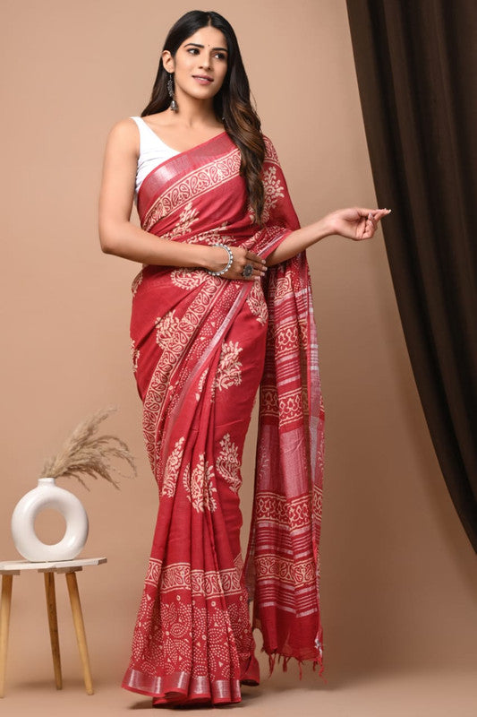 Red & Off White Coloured Exclusive Hand Block printed Women Daily/Party wear Linen Cotton Saree with Blouse!!
