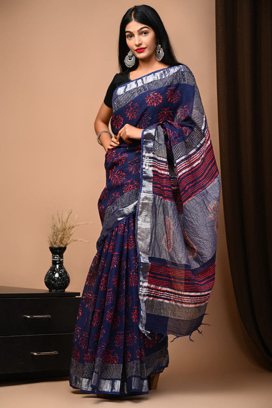 Latest Attractive Beautiful Designer Hand Block Print Linen Saree