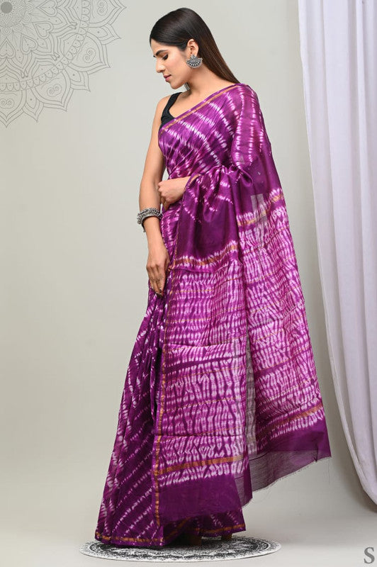 Purple & Off White Coloured Hand Block Printed Women Designer Party wear Chanderi Cotton Silk Saree with Runnin Blouse!!