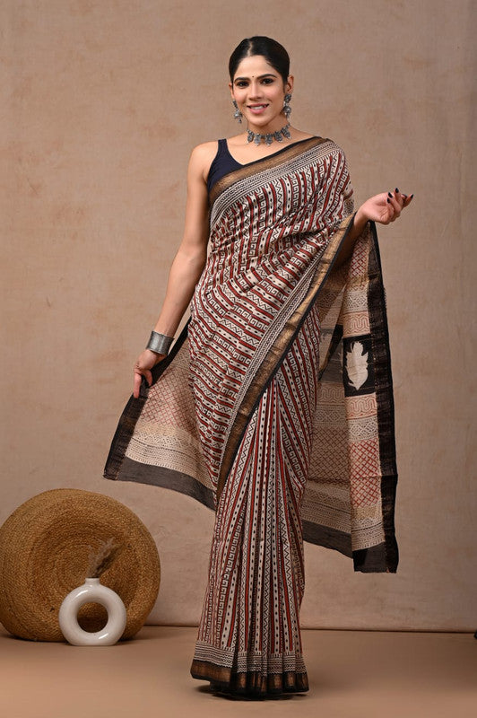 Brown & Multi Coloured Hand Block Printed Women Designer Party wear Maheshwari Cotton Silk Saree with Runnin Blouse!!