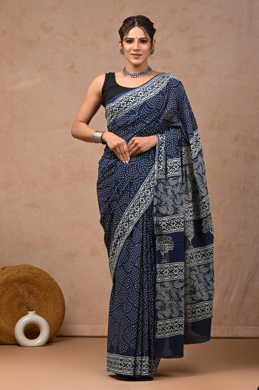 Navy Blue & Off White Coloured Hand Block Bagru, Dabu & Batik Dye Print Women Designer Party wear Pure Cotton Saree with Runnin Blouse!!