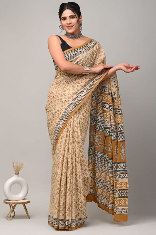 Light Yellow & Mustard Yellow Coloured Beautiful Hand Block printed Women Daily/Party wear Pure Cotton Saree with Blouse!!