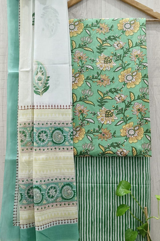 Light Green & Multi Coloured Unstitched Pure Cotton Hand Block Printed Women Party/Daily wear Dress Material Suit- Top with Bottom & Cotton Dupatta!!