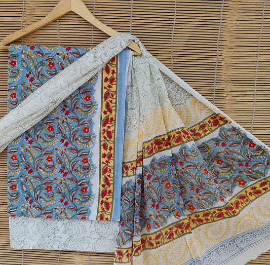 Sky Blue & Multi Coloured Unstitched Pure Cotton Hand Block Printed Women Party/Daily wear Dress Material Suit- Top with Bottom & Cotton Dupatta!!