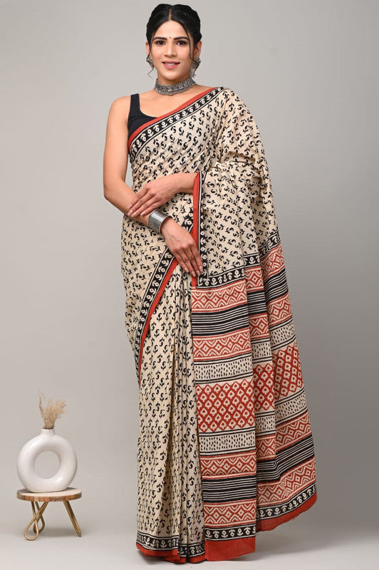 Beige & Multi Coloured Beautiful Hand Block printed Women Daily/Party wear Pure Cotton Saree with Blouse!!