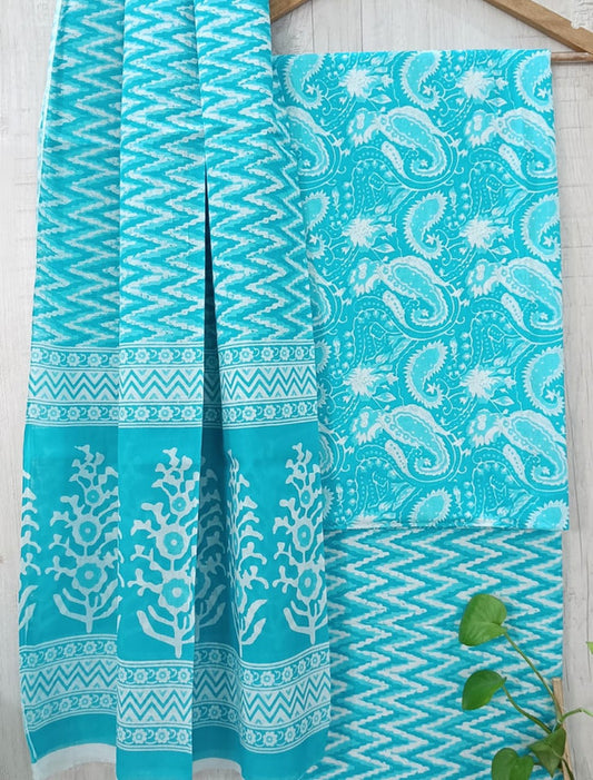 Sky Blue & White Coloured Unstitched Pure Cotton Hand Block Printed Women Party/Daily wear Dress Material Suit- Top with Bottom & Cotton Dupatta!!