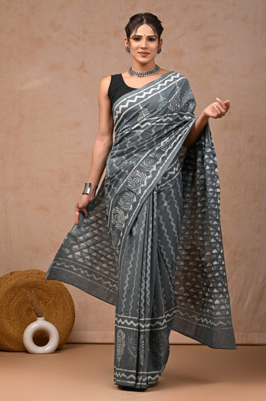 Grey & Off White Coloured Hand Block Bagru, Dabu & Batik Dye Print Women Designer Party wear Pure Cotton Saree with Runnin Blouse!!