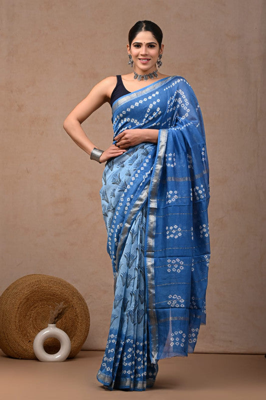 Sky Blue & White Coloured Hand Block Printed Women Designer Party wear Maheshwari Cotton Silk Saree with Runnin Blouse!!