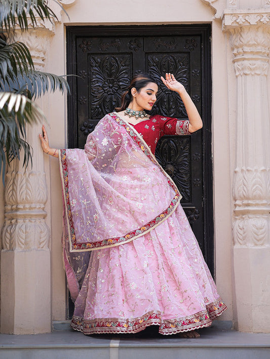 Pink & Maroon Coloured Organza with Thread Embroidery work with lace border Woman Wedding Designer Party wear  Lehenga Choli with Dupatta!!