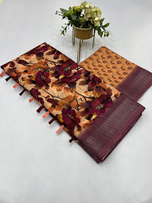 Brown & Multi Coloured with Digital Printed & Silver Border Women Designer Party wear Linen Cotton Saree with Blouse!!