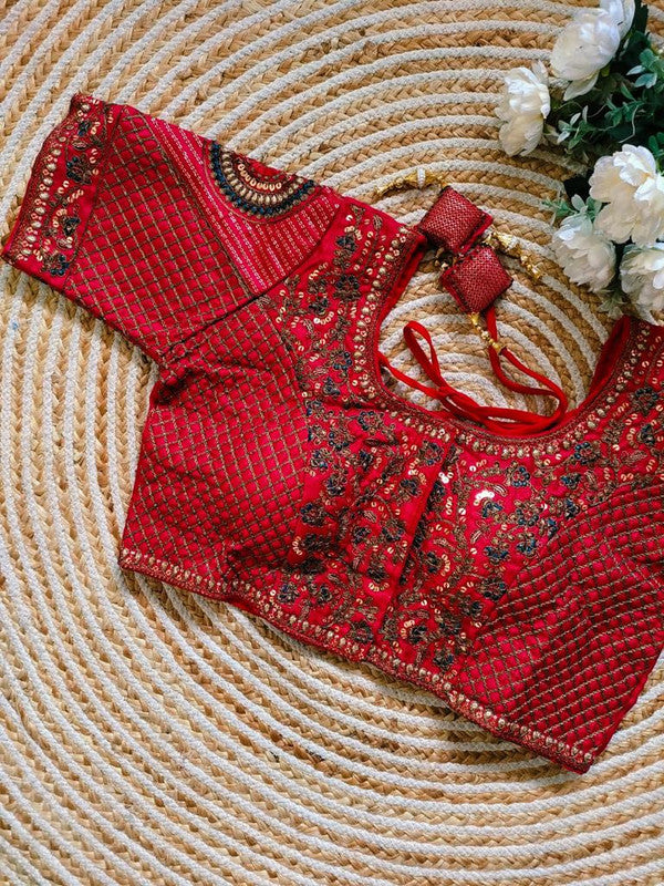 Red Coloured Premium Heavy Milan Silk Copper Jari Heavy Embroidery work Woman Ready made Designer Bridal Blouse- Free Size Up to 46 Inch!!