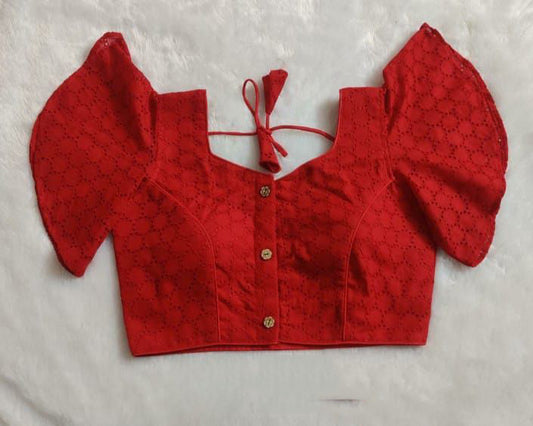 Red Coloured Pure Cotton HAKOBA Woman Designer Butterfly Sleeve Ready made Blouse - 38 Size Fits Up to 42 Inch!!