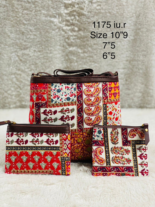 Red & Multi Coloured Pure Cotton Ikkat Print Women Sling Bang- 3 PCS Combo( Sling Bag, Big Pouch & Small Pouch )!!