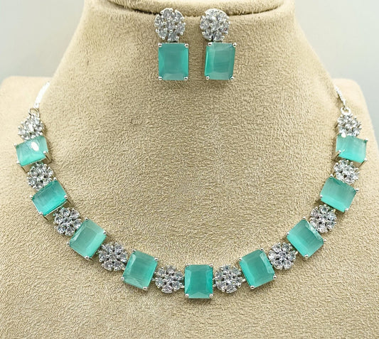 Aqua Blue & White Coloured Premium American Diamonds Real Kundan Women Designer Necklace Set with Earrings!!