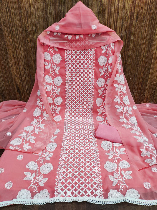 Pink Coloured Exclusive Georgette Lucknow Chickankari Embroidery work Dress Material Suit!!