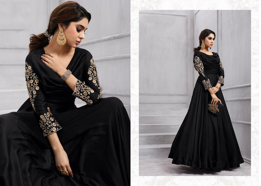 Black Coloured Tapeta Silk with Beautiful Embroidery work Women Designer Party wear Gown Kurti with Bottom & Dupatta!!