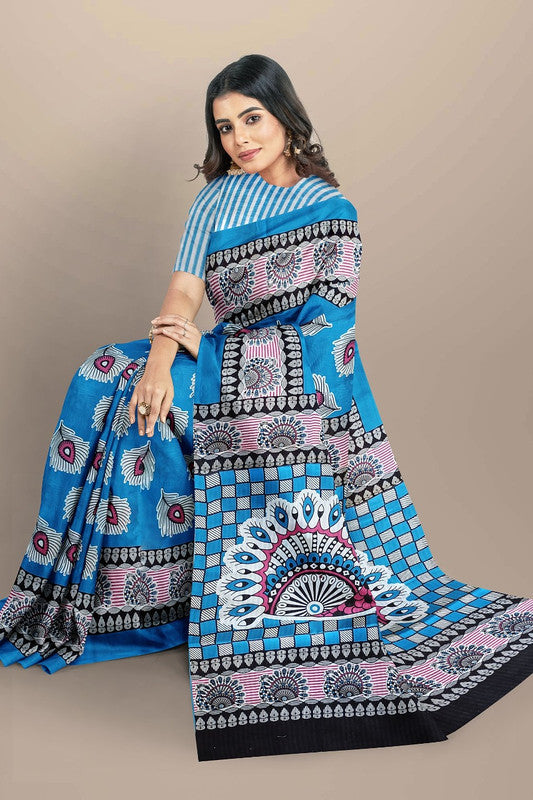 Sky Blue & Multi Coloured Premium Mul Mul Cotton Beautiful Hand Block printed Women Daily/Party wear Saree with Blouse!!