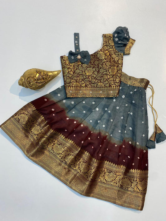 Grey & Brown Coloured Cotton Silk with Bandhani Printed & Zari weaving border Girls Kids Designer Ethnic wear Lehenga with Blouse!!