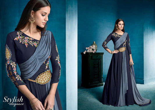 Blue Coloured Lichi Gorgert with Beautiful Embroidery work Women Designer Party wear Gown Kurti with Bottom & Dupatta!!