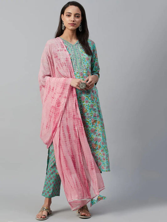 Green & Peach Coloured Pure Cotton with floral printed Women Designer Party wear Straight Line Kurti with palazzo pants & Dupatta!!