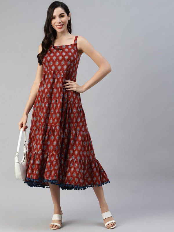 Maroon & Navy Blue Coloured Pure Cotton Ethnic Motifs A-Line Sleeveless Women Party/Daily wear Western Midi Dress!!