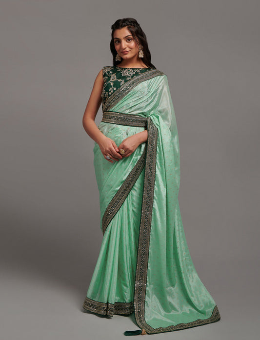 Pista Green Coloured Primium Chinon Foil Print & Heavy Embroidery Sequence Lace Work Women Designer Party wear Fancy Saree with Blouse!!