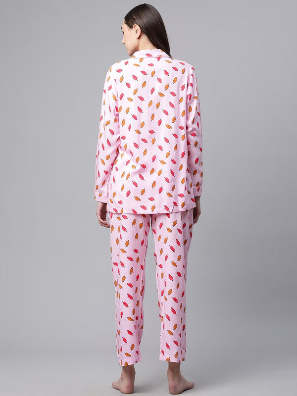 Pink Viscose Rayon Printed Lapel collar Long sleeves Night suit!!