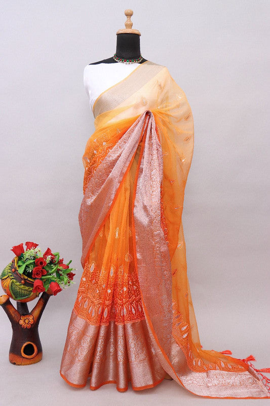 Orange Coloured Pure Organza Kora Silk Jaqucard Fnacy Hand dying Women Party wear Saree with Blouse!!