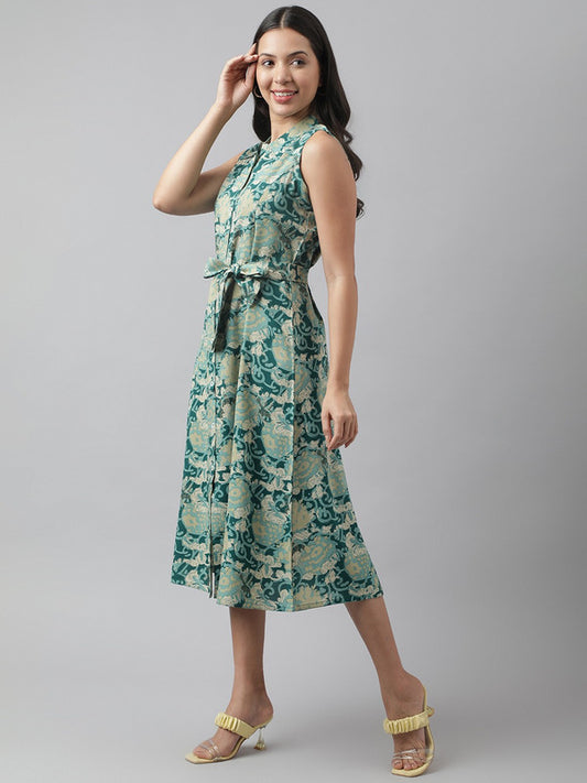 Green Coloured Pure Cotton Floral Printed Shirt collar Sleeveless Women Party/Daily wear Western Midi Dress!!